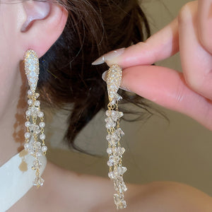 Light Luxury Geometric Zircon Faux Pearl Tassel Drop Earrings For Banquet Dresses