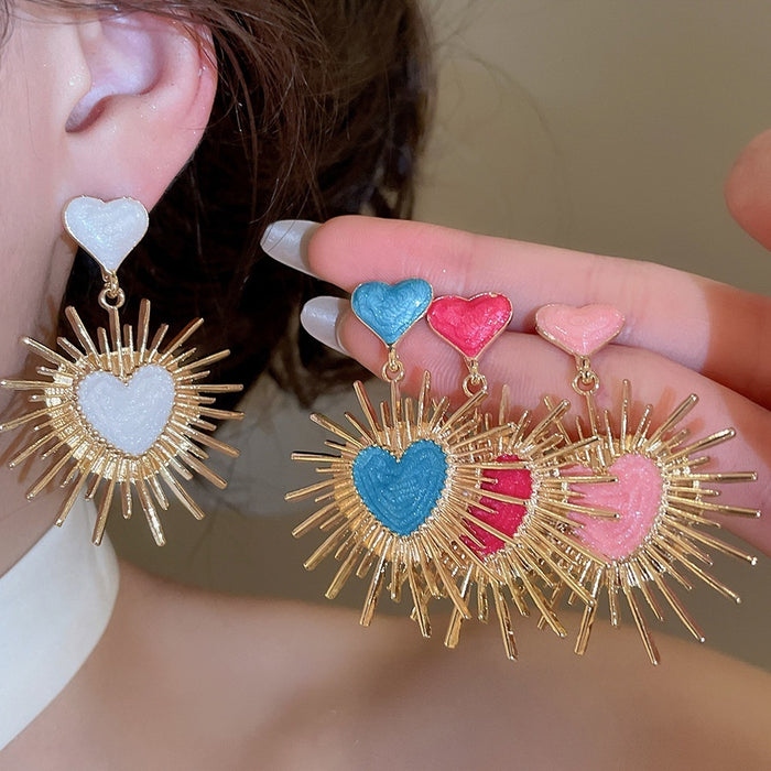 Vintage Alloy Heart Sunflower Enamel Stud Earrings For Women Bold European Style Jewelry
