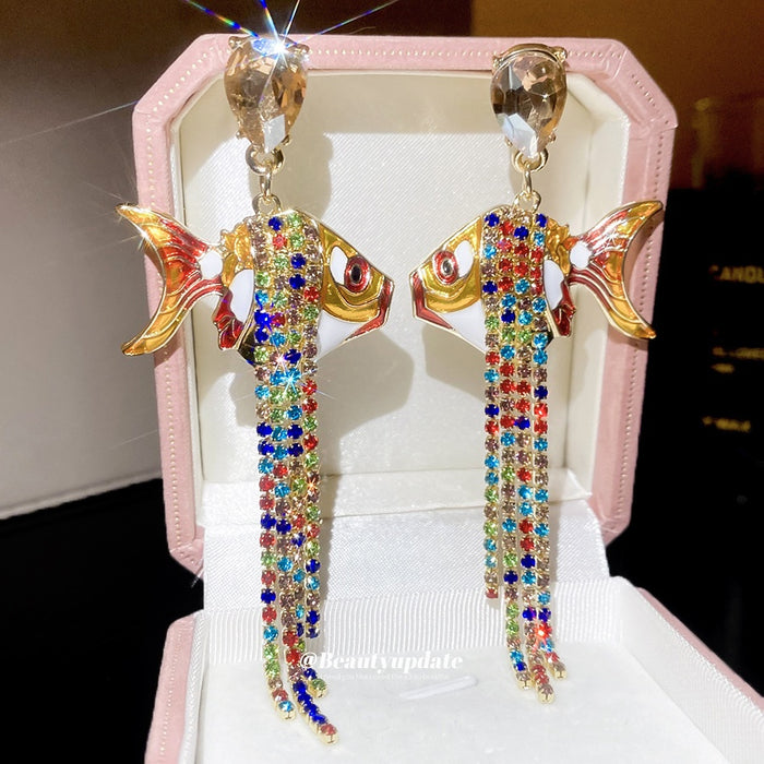 European Style Alloy Goldfish Tassel Drop Earrings With Rhinestone Enamel Accents For Women