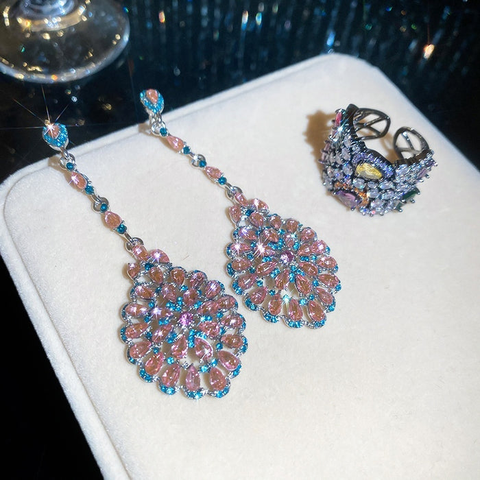 Vintage Court Style Alloy Flower Earrings And Ring Jewelry Set For Evening Dress Banquet