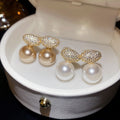 Elegant Faux Pearl Zircon Oval Clip-on Earrings, Vintage Minimalist Light Luxury Jewelry view 3