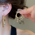 Korean Minimalist Copper Star Tassel Chain Drop Earrings With Enamel Round Hoop Design view 1