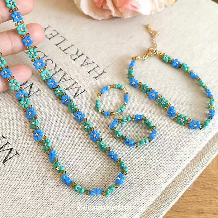 Fresh Forest Style Glass Crystal Beaded Flower Necklace And Ring Jewelry Set For Women