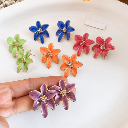 Alloy Enamel Flower Stud Earrings With Silver Pins, Fresh Dopamine Light Luxury Summer Style