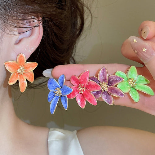 Alloy Enamel Flower Stud Earrings With Silver Pins, Fresh Dopamine Light Luxury Summer Style