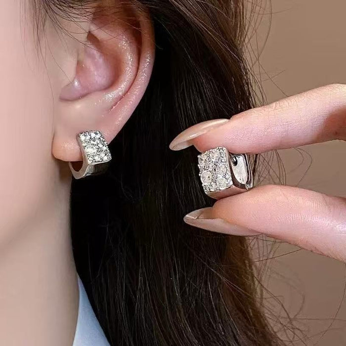 Alloy Full Rhinestone Geometric Square Clip Earrings For Women Minimalist Fashion Ear Jewelry