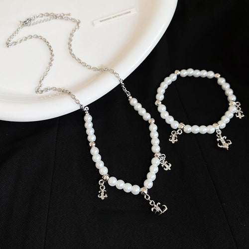 French Elegant Faux Pearl Beaded Iris Flower Necklace Bracelet Jewelry Set Light Luxury Accessory