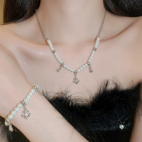 French Elegant Faux Pearl Beaded Iris Flower Necklace Bracelet Jewelry Set Light Luxury Accessory
