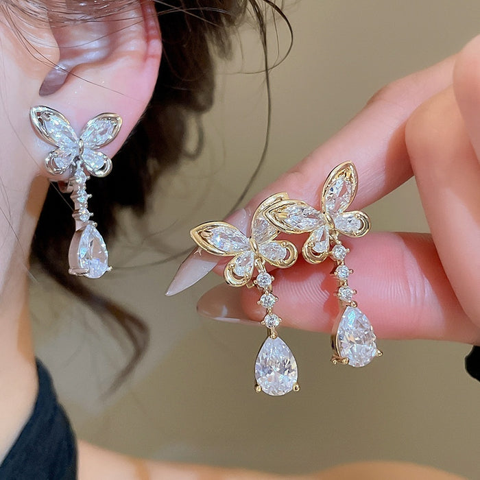 14K Gold Plated Copper Zircon Butterfly Teardrop Clip-on Earrings Light Luxury No Piercing Jewelry