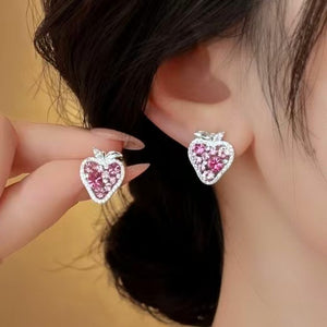 Pink Zircon Strawberry Alloy Stud Earrings For Women, Light Luxury 2026 Fashion Jewelry