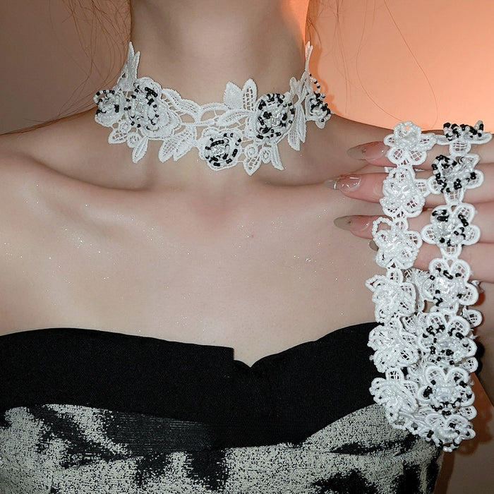 Vintage Lace Crystal Bead Flower Choker Necklace Sweet Pastoral Collarbone Jewelry