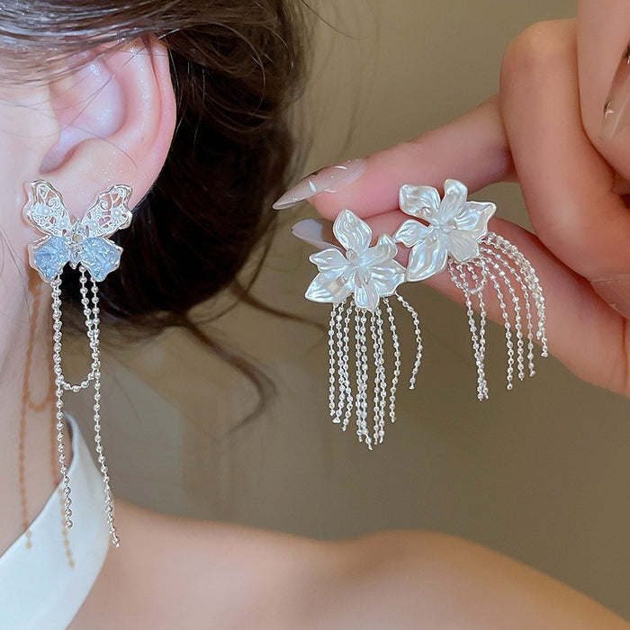 Copper Crystal Butterfly Tassel Drop Earrings Floral Minimalist Sweet Spring Summer Jewelry