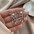 Elegant Luxury Vintage Bowknot Pearl Rhinestone Crystal Tassel Silver Needle Stud Drop Earrings view 2