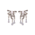 Elegant Luxury Vintage Bowknot Pearl Rhinestone Crystal Tassel Silver Needle Stud Drop Earrings view 5