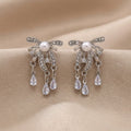 Elegant Luxury Vintage Bowknot Pearl Rhinestone Crystal Tassel Silver Needle Stud Drop Earrings view 4