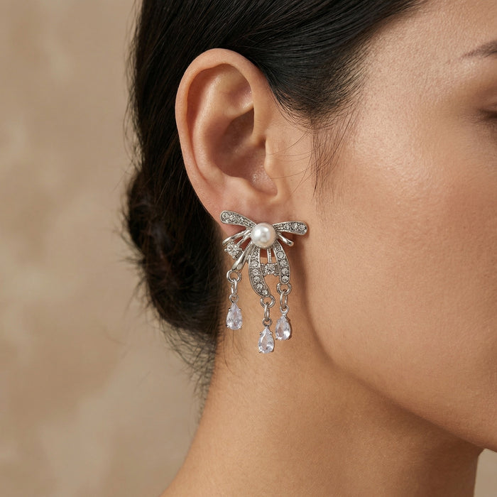 Elegant Luxury Vintage Bowknot Pearl Rhinestone Crystal Tassel Silver Needle Stud Drop Earrings