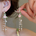 French Vintage Rose Flower Faux Pearl Tassel Drop Earrings Sweet Elegant Light Luxury Jewelry view 1