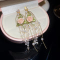 French Vintage Rose Flower Faux Pearl Tassel Drop Earrings Sweet Elegant Light Luxury Jewelry view 2