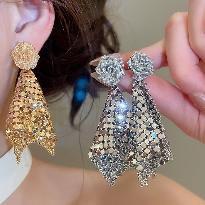 18K Gold Plated Copper Floral Tassel Drop Earrings With Silver Pins Vintage Fashion