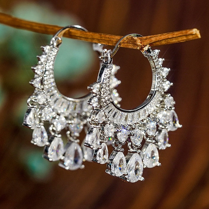 Luxury Sparkling Round Circle Tassel Drop Earrings, Court Style Heavy Work Ethnic Fashion Accessories