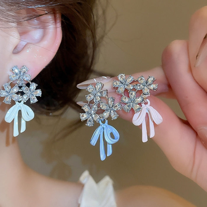 Light Luxury Alloy Bow Zircon Flower Stud Earrings For Women Korean Sweet Style Jewelry