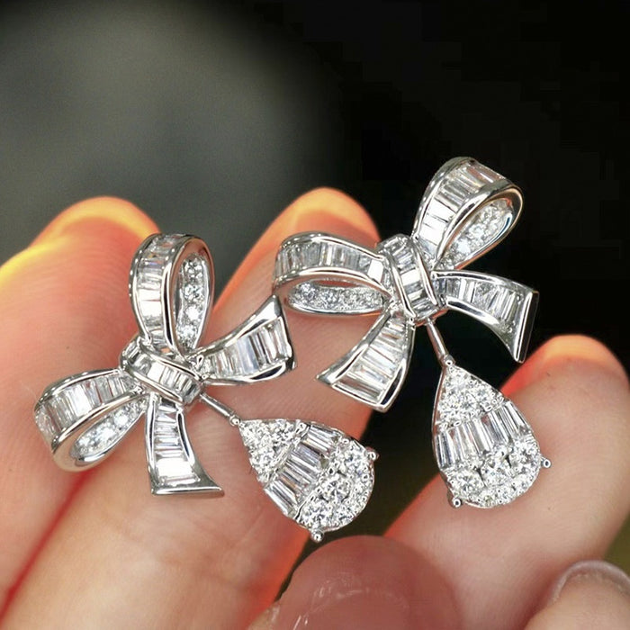 Sweet Bowknot Stud Earrings For Women Micro Pave Zircon Sparkling Princess Style Jewelry