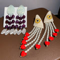 Handmade Red Heart Faux Pearl Tassel Drop Earrings, Long Vintage Ethnic Chinese Style view 2