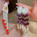 Handmade Red Heart Faux Pearl Tassel Drop Earrings, Long Vintage Ethnic Chinese Style view 1