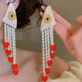 Handmade Red Heart Faux Pearl Tassel Drop Earrings, Long Vintage Ethnic Chinese Style view 3