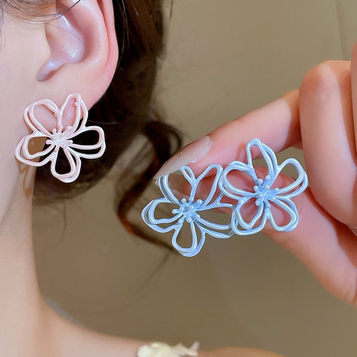 Sweet Macaron Color Hollow Flower Alloy Stud Earrings For Women Spring Summer Style