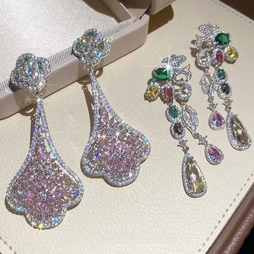 Luxury Copper Floral Zircon Crystal Long Drop Earrings For Women Bridal Banquet Court Style