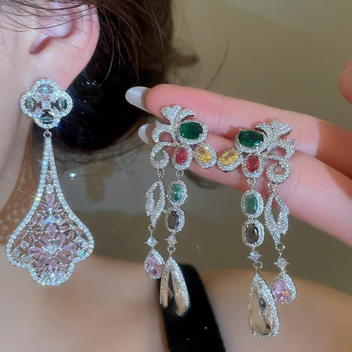 Luxury Copper Floral Zircon Crystal Long Drop Earrings For Women Bridal Banquet Court Style