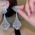 Luxury Copper Floral Zircon Crystal Long Drop Earrings For Women Bridal Banquet Court Style view 4