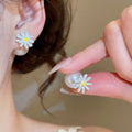 Light Luxury Floral Daisy Faux Pearl Enamel Stud Earrings For Women, Sweet Summer Style view 4