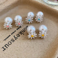 Light Luxury Floral Daisy Faux Pearl Enamel Stud Earrings For Women, Sweet Summer Style view 3