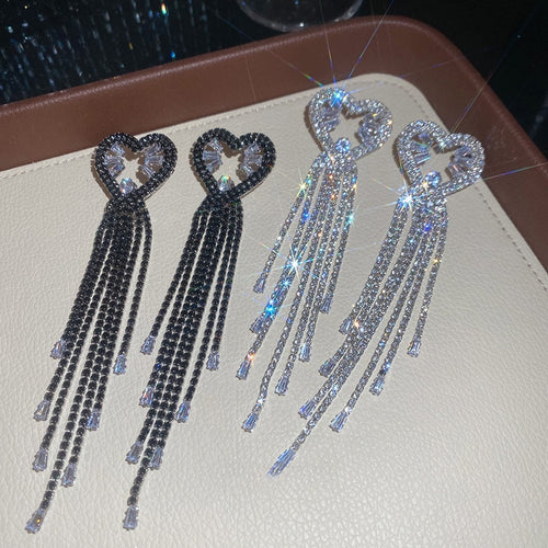 Copper Heart Rhinestone Tassel Drop Earrings With Silver Needle, Luxury European Style