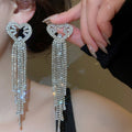 Copper Heart Rhinestone Tassel Drop Earrings With Silver Needle, Luxury European Style view 3