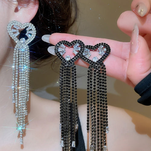 Copper Heart Rhinestone Tassel Drop Earrings With Silver Needle, Luxury European Style