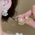 18K Gold Plated Copper Pearl Butterfly Stud Earrings With Silver Pins Vintage Hollow Lace Design view 1