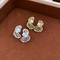 18K Gold Plated Copper Pearl Butterfly Stud Earrings With Silver Pins Vintage Hollow Lace Design view 2