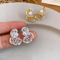 18K Gold Plated Copper Pearl Butterfly Stud Earrings With Silver Pins Vintage Hollow Lace Design view 4