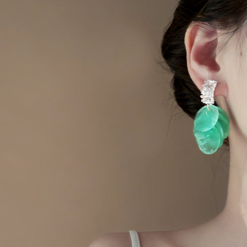 Mint Green Shell Round Disc Tassel Drop Earrings For Women, Geometric Resort OL Style
