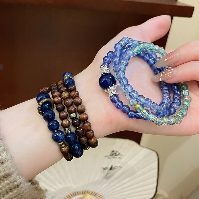 New Chinese Style Lapis Lazuli And Wood Beaded Bracelet, Multi-Strand Zen Ethnic Jewelry