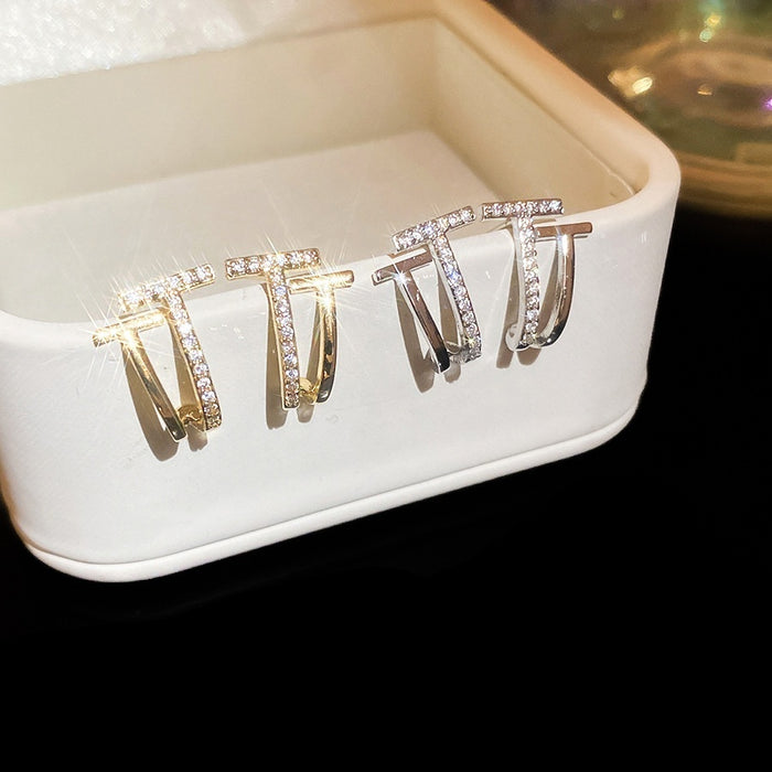 18K Gold Plated Copper T Letter Zircon Stud Earrings With Silver Posts, Minimalist Light Luxury Jewelry