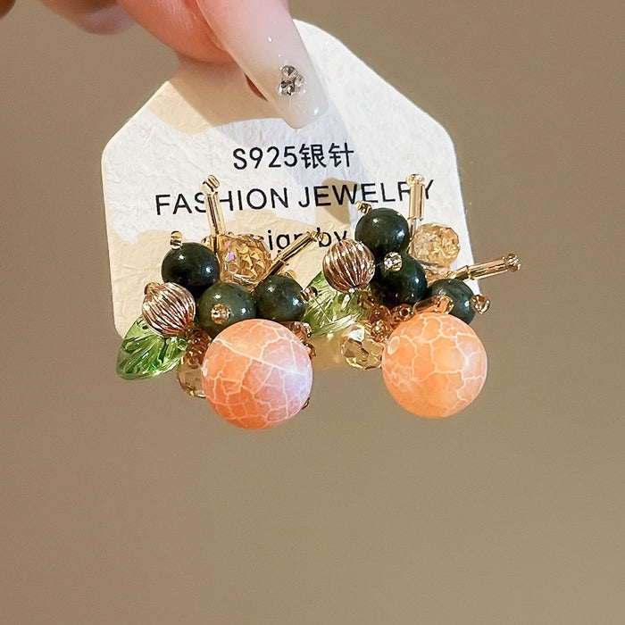 Silver Needle Stone Glass Flower Cluster Geometric Round Stud Earrings For Women