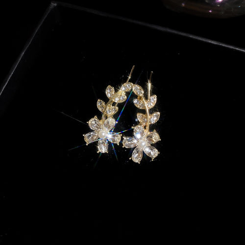 Korean Style Alloy Zircon Flower Leaf Hook Earrings For Elegant Fashion OL Jewelry