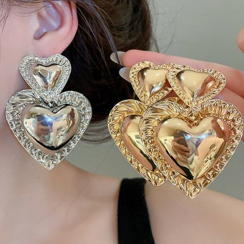 Smooth Iron Heart Pendant Drop Earrings For Women, Retro European Statement Light Luxury Jewelry