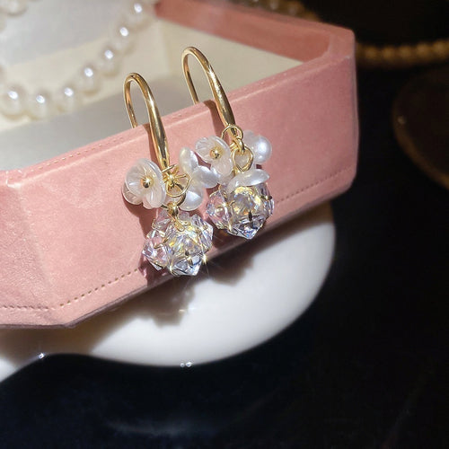 Light Luxury Copper Pearl Flower Knot Tassel Drop Earrings With Ear Hook Design