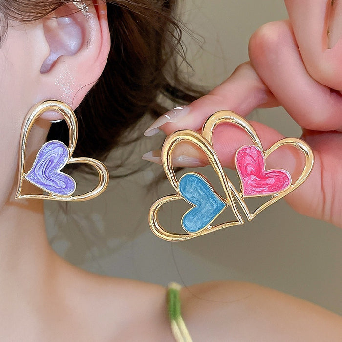 Enamel Heart Alloy Stud Earrings, Vintage European Style Light Luxury Fashion Jewelry