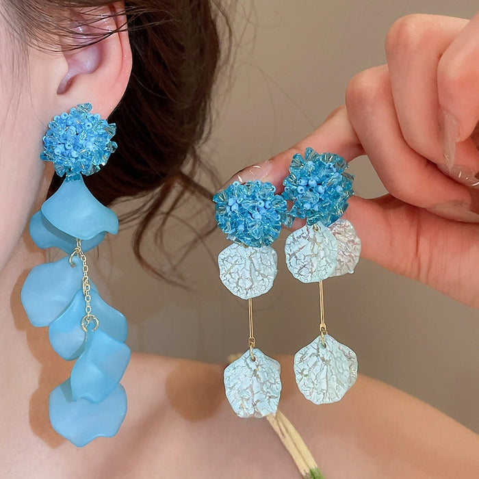 Blue Floral Acrylic Petal Tassel Drop Earrings With Silver Needle Vacation Style For Women
